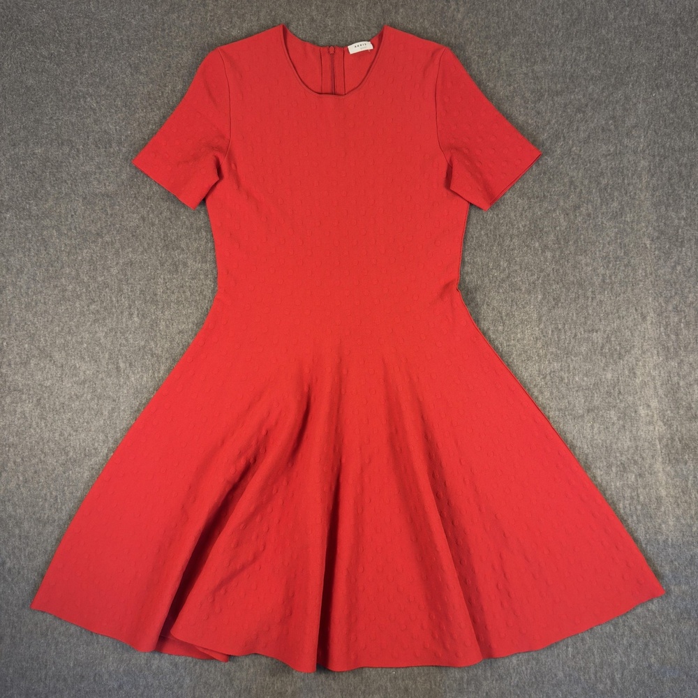 Akris Punto Dress Womens 12 Red Polka Dot Textured Knit Short Sleeve Fit Flare